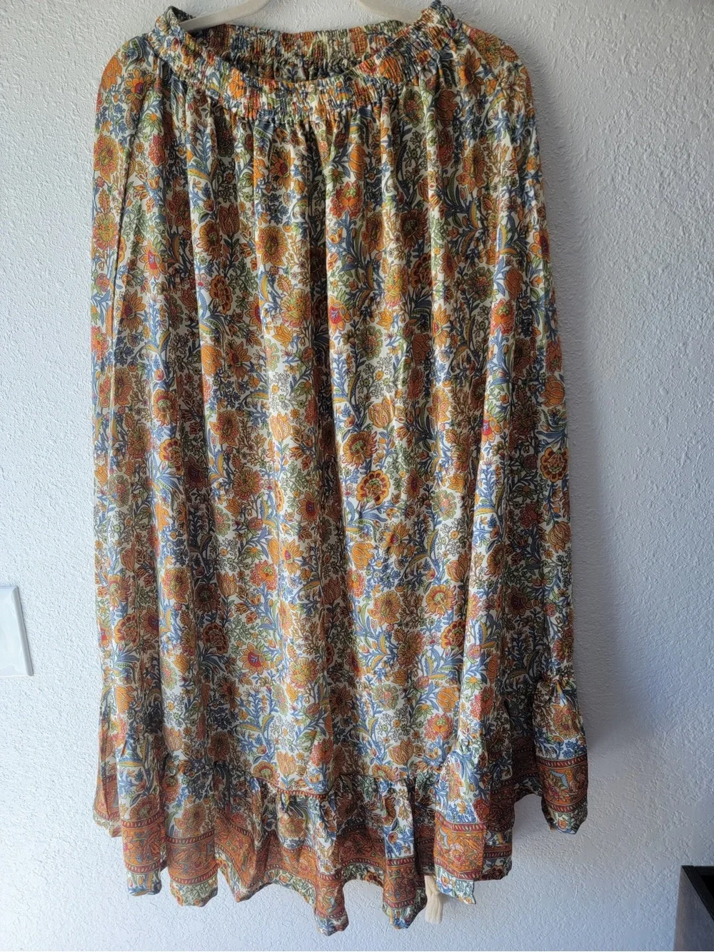 Bohemian Tiered Maxi Skirt - Floral Orange & Blue GardenBelle